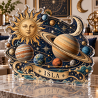 Artwork visualization: Vintage solar system — living room focal point, personalized ISLA, subject-shaped acrylic with printed optical 3D depth; not carved relief.