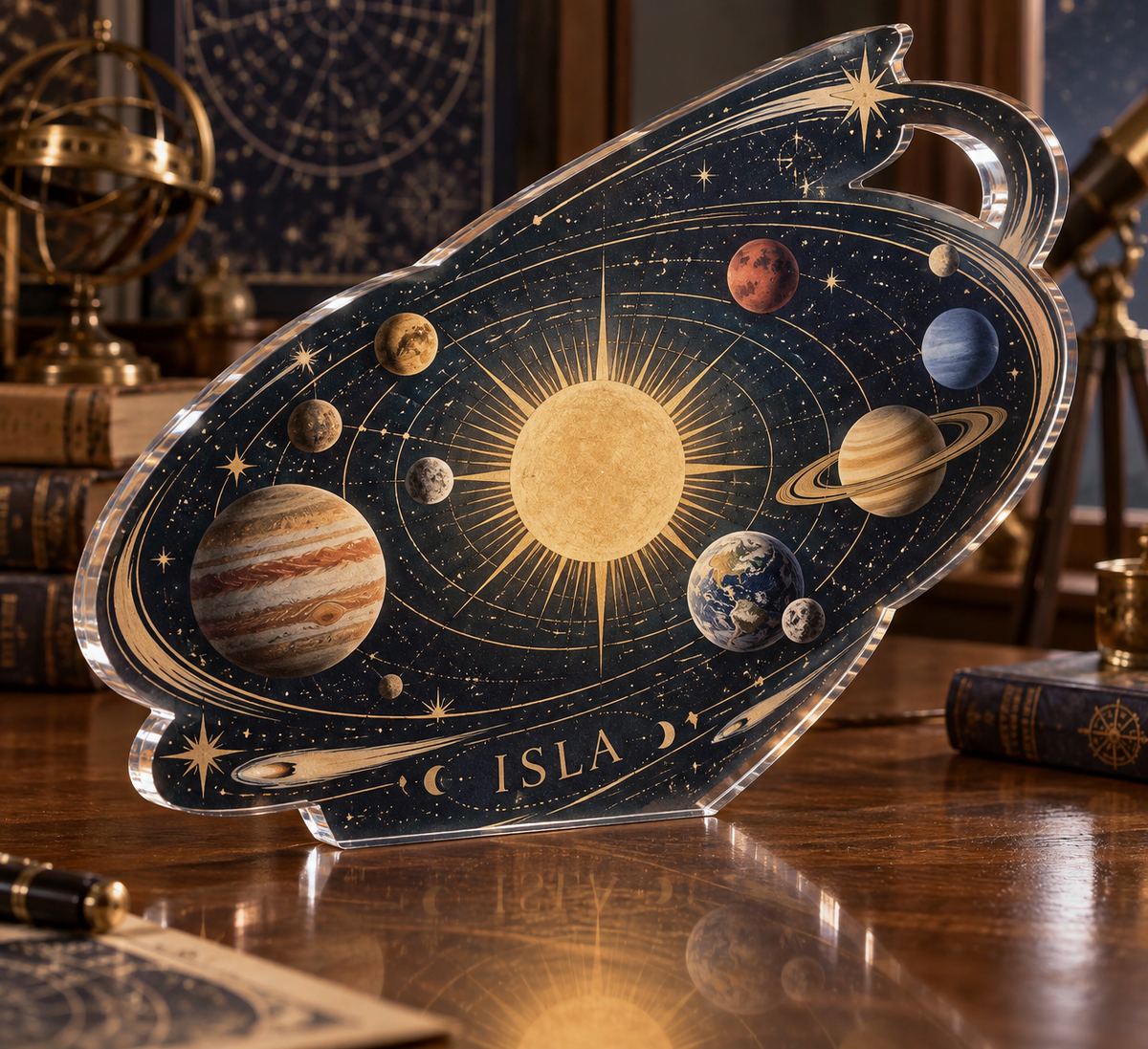 Artwork visualization: Vintage solar system — personalized housewarming, personalized ISLA, subject-shaped acrylic with printed optical 3D depth; not carved relief.