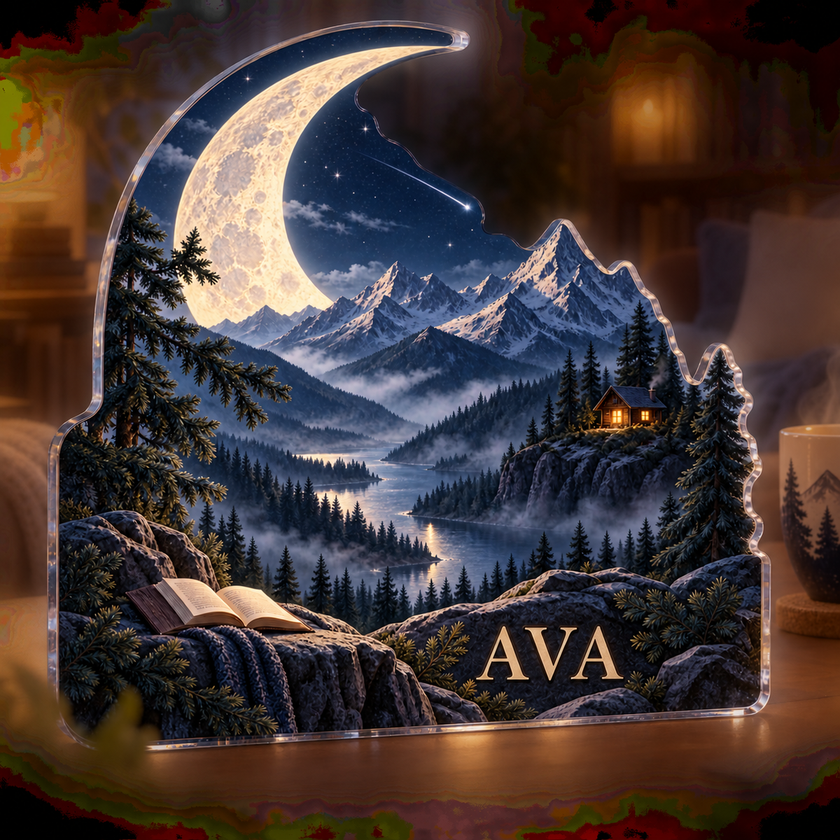 Artwork visualization: Moon mountain landscape — reading nook decor, personalized AVA, subject-shaped acrylic with printed optical 3D depth; not carved relief.