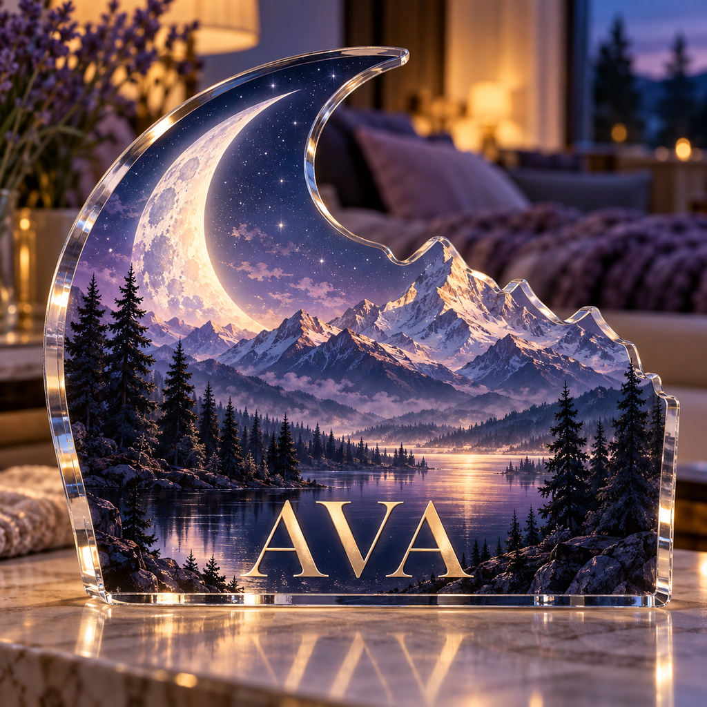 Artwork visualization: Moon mountain landscape — bedroom statement decor, personalized AVA, subject-shaped acrylic with printed optical 3D depth; not carved relief.