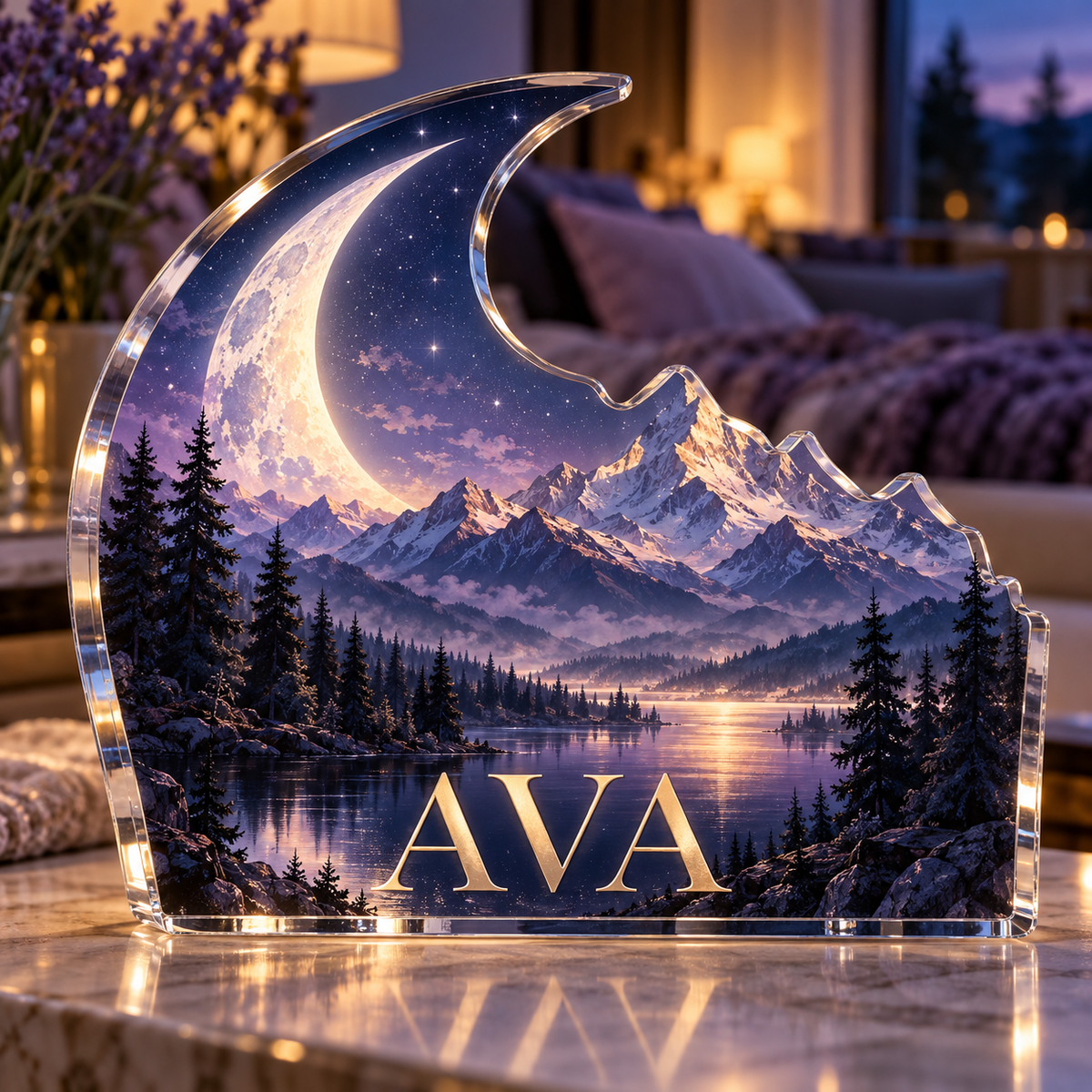 Artwork visualization: Moon mountain landscape — bedroom statement decor, personalized AVA, subject-shaped acrylic with printed optical 3D depth; not carved relief.