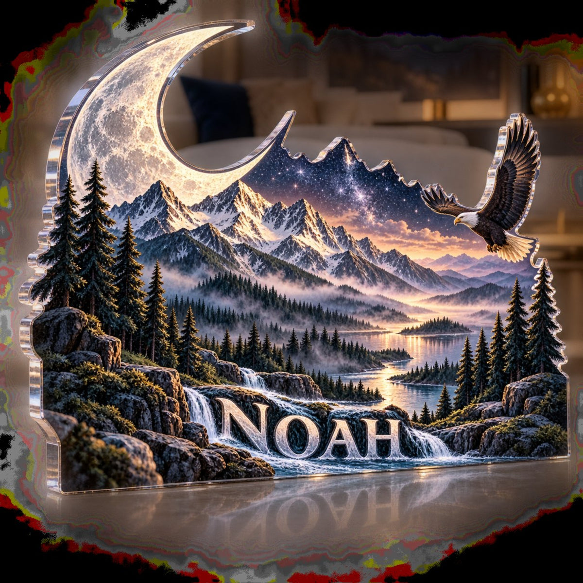 Personalized Moon Mountain Landscape Living Room Focal Point custom shape acrylic plaque with an example name set into the artwork, digital preview