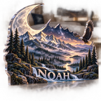 Artwork visualization: Moon mountain landscape — living room focal point, personalized NOAH, subject-shaped acrylic with printed optical 3D depth; not carved relief.