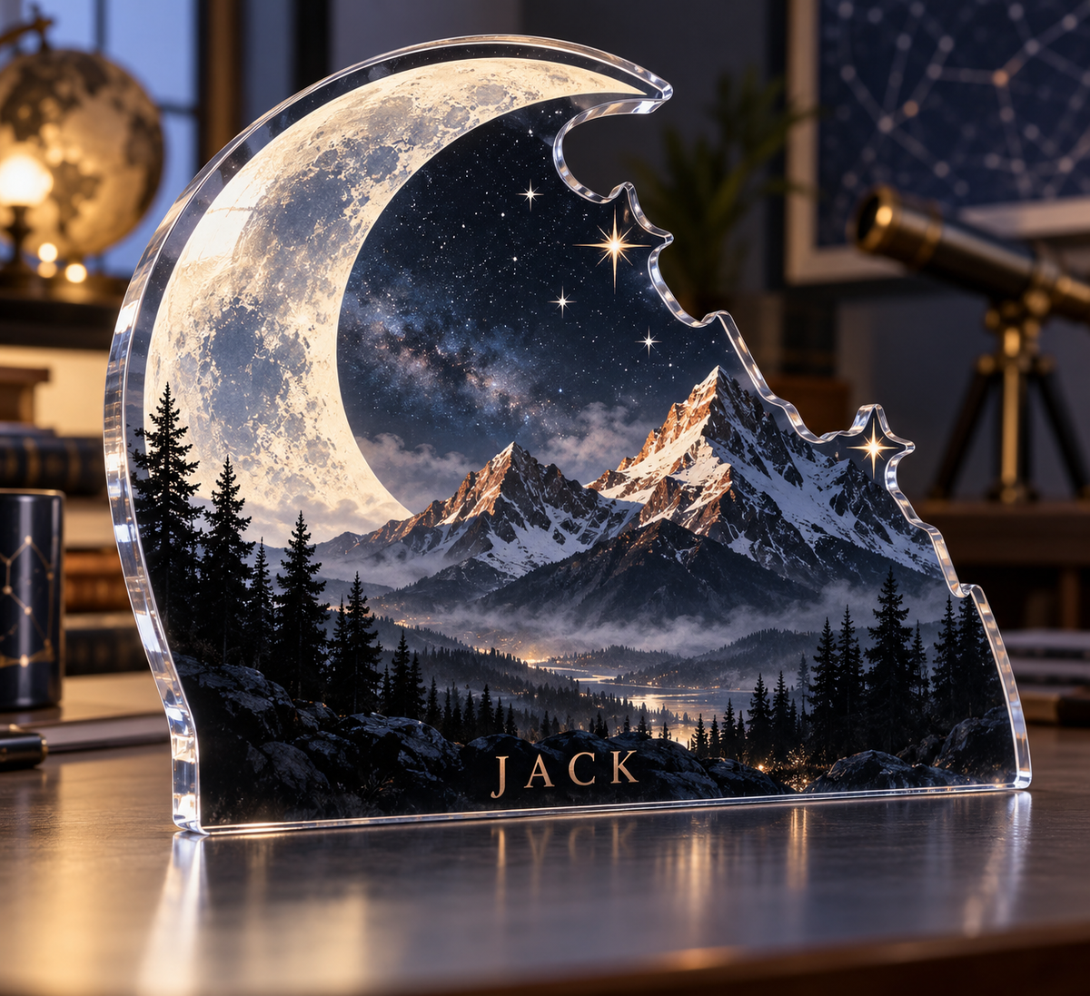 Artwork visualization: Moon mountain landscape — home office backdrop, personalized JACK, subject-shaped acrylic with printed optical 3D depth; not carved relief.