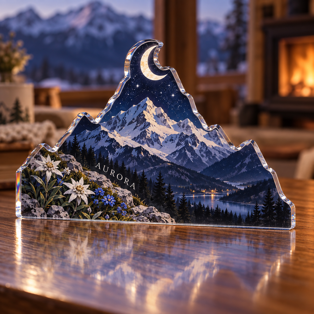 Artwork visualization: Moon mountain landscape — personalized housewarming, personalized AURORA, subject-shaped acrylic with printed optical 3D depth; not carved relief.