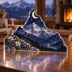 Artwork visualization: Moon mountain landscape — personalized housewarming, personalized AURORA, subject-shaped acrylic with printed optical 3D depth; not carved relief.