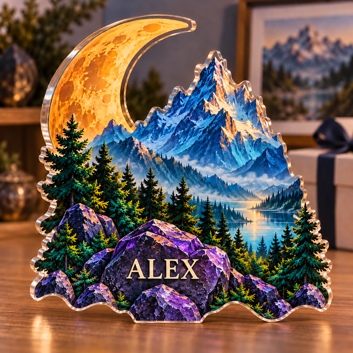 Personalized Moon Mountain Landscape — Collector Birthday Keepsake acrylic plaque with an example name set into the artwork, digital preview