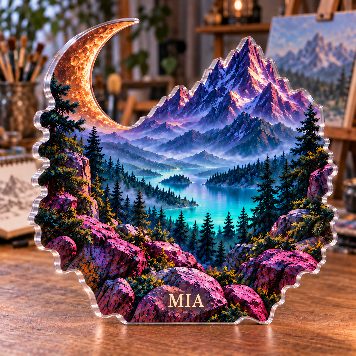 Personalized Moon Mountain Landscape — Hobby Studio Identity acrylic plaque with an example name set into the artwork, digital preview