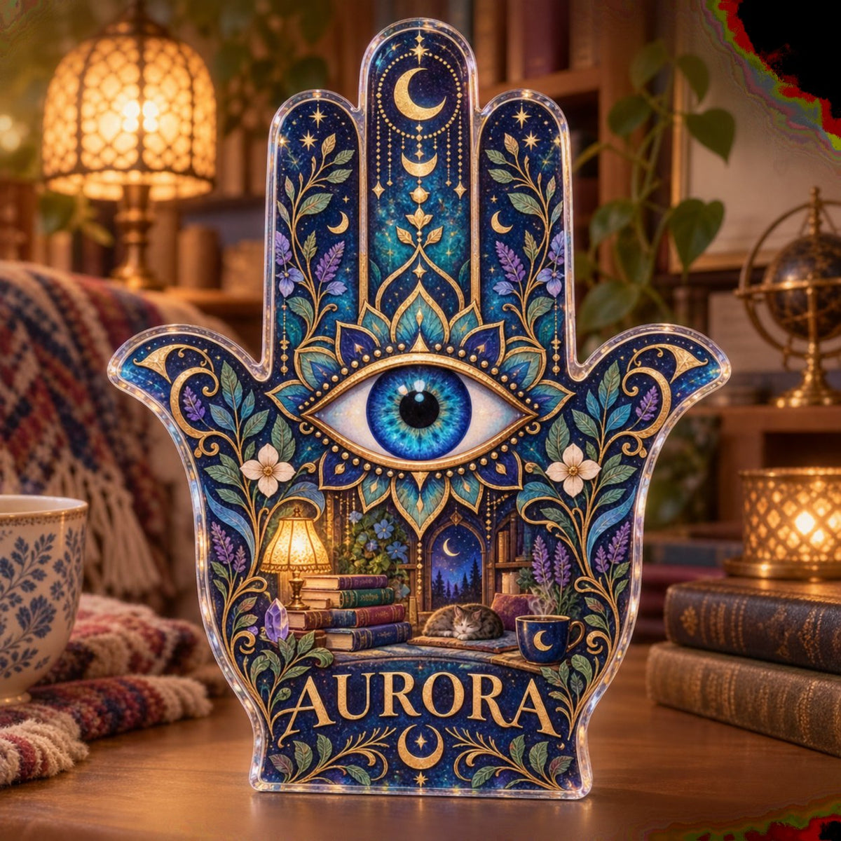 Personalized Hamsa And Eye Motif Reading Nook Decor custom shape acrylic plaque with an example name set into the artwork, digital preview