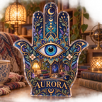 Artwork visualization: Hamsa and eye motif — reading nook decor, personalized AURORA, subject-shaped acrylic with printed optical 3D depth; not carved relief.