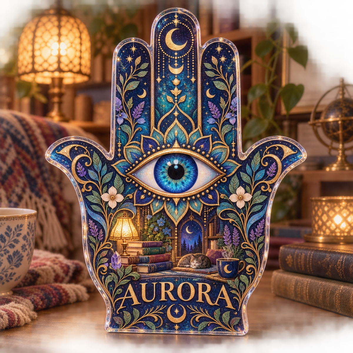 Artwork visualization: Hamsa and eye motif — reading nook decor, personalized AURORA, subject-shaped acrylic with printed optical 3D depth; not carved relief.