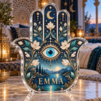 Artwork visualization: Hamsa and eye motif — bedroom statement decor, personalized EMMA, subject-shaped acrylic with printed optical 3D depth; not carved relief.