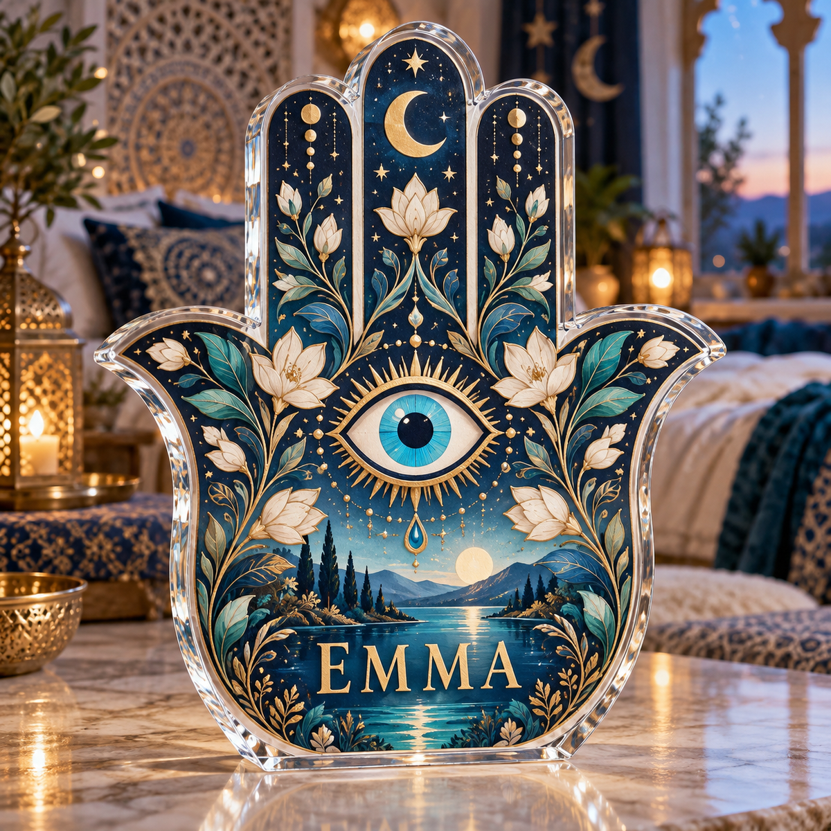 Artwork visualization: Hamsa and eye motif — bedroom statement decor, personalized EMMA, subject-shaped acrylic with printed optical 3D depth; not carved relief.
