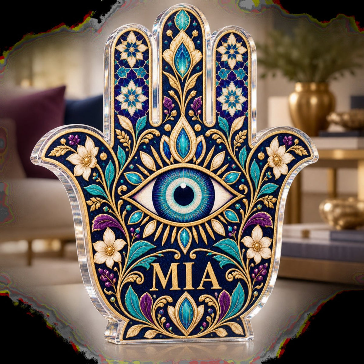 Personalized Hamsa And Eye Motif Living Room Focal Point custom shape acrylic plaque with an example name set into the artwork, digital preview