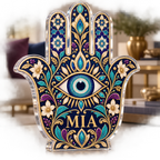 Artwork visualization: Hamsa and eye motif — living room focal point, personalized MIA, subject-shaped acrylic with printed optical 3D depth; not carved relief.
