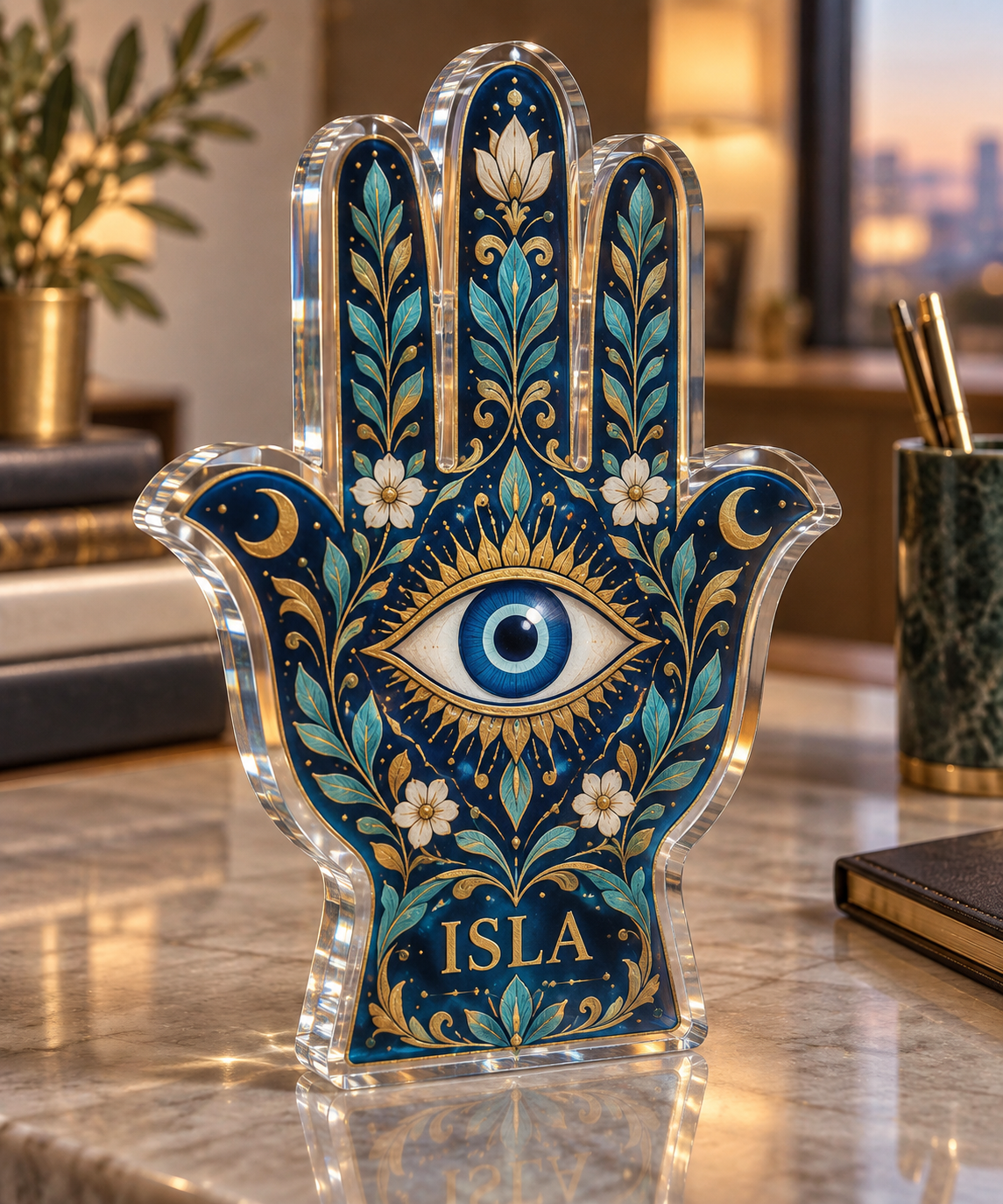 Artwork visualization: Hamsa and eye motif — home office backdrop, personalized ISLA, subject-shaped acrylic with printed optical 3D depth; not carved relief.