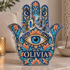 Personalized Hamsa And Eye Motif — Quiet Corner Decoration acrylic plaque with an example name set into the artwork, digital preview