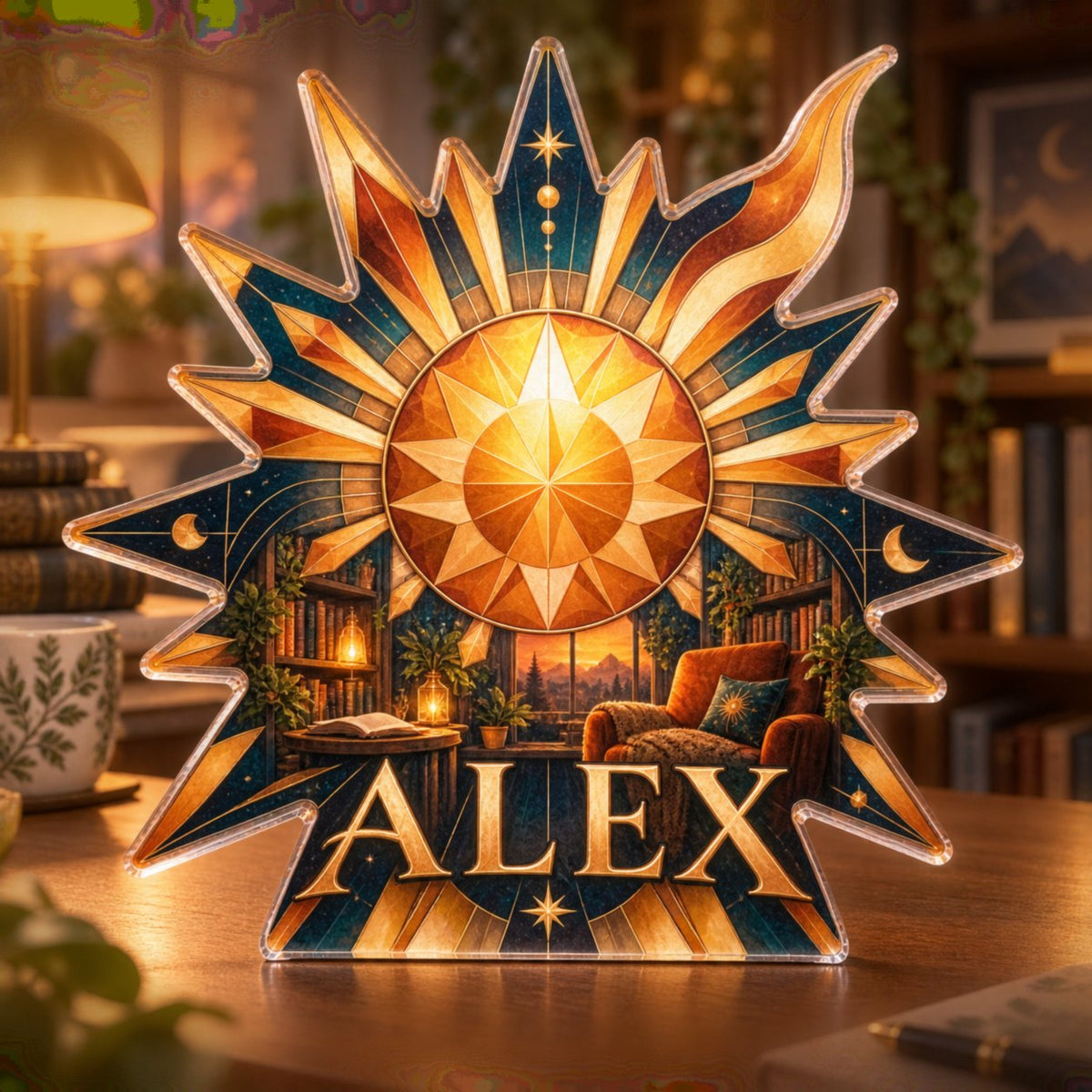 Personalized Geometric Sunburst Reading Nook Decor custom shape acrylic plaque with an example name set into the artwork, digital preview