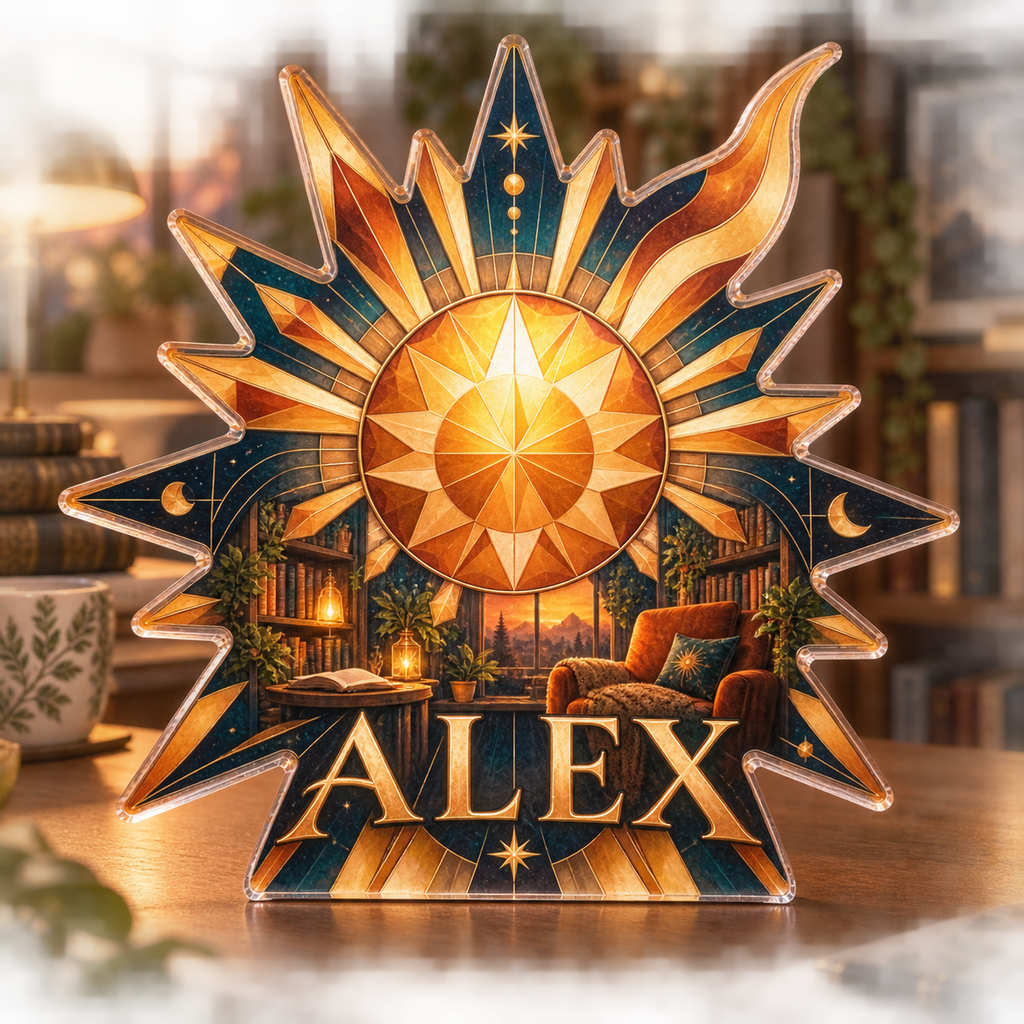 Artwork visualization: Geometric sunburst — reading nook decor, personalized ALEX, subject-shaped acrylic with printed optical 3D depth; not carved relief.