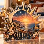 Artwork visualization: Geometric sunburst — bedroom statement decor, personalized OLIVIA, subject-shaped acrylic with printed optical 3D depth; not carved relief.