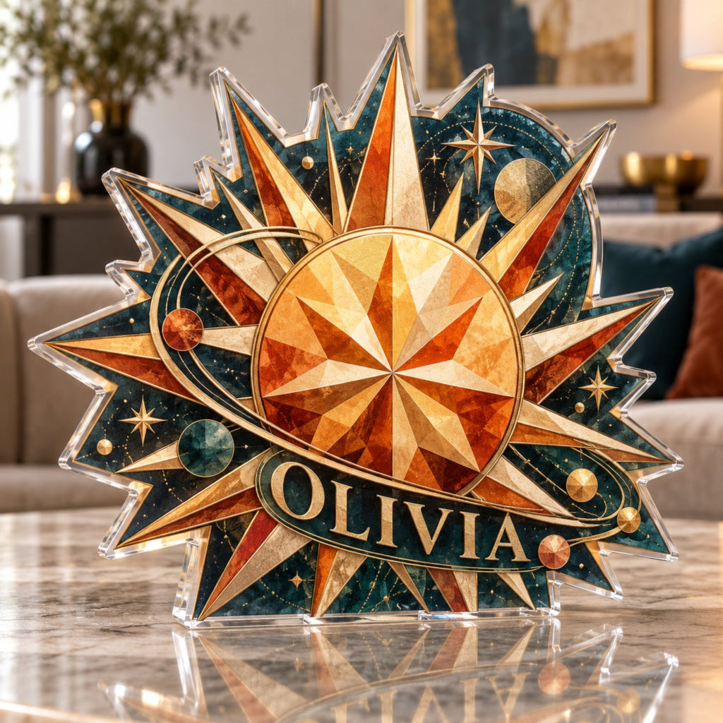 Personalized Geometric Sunburst Living Room Focal Point custom shape acrylic plaque with an example name set into the artwork, digital preview