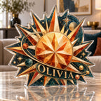 Personalized Geometric Sunburst Living Room Focal Point custom shape acrylic plaque with an example name set into the artwork, digital preview