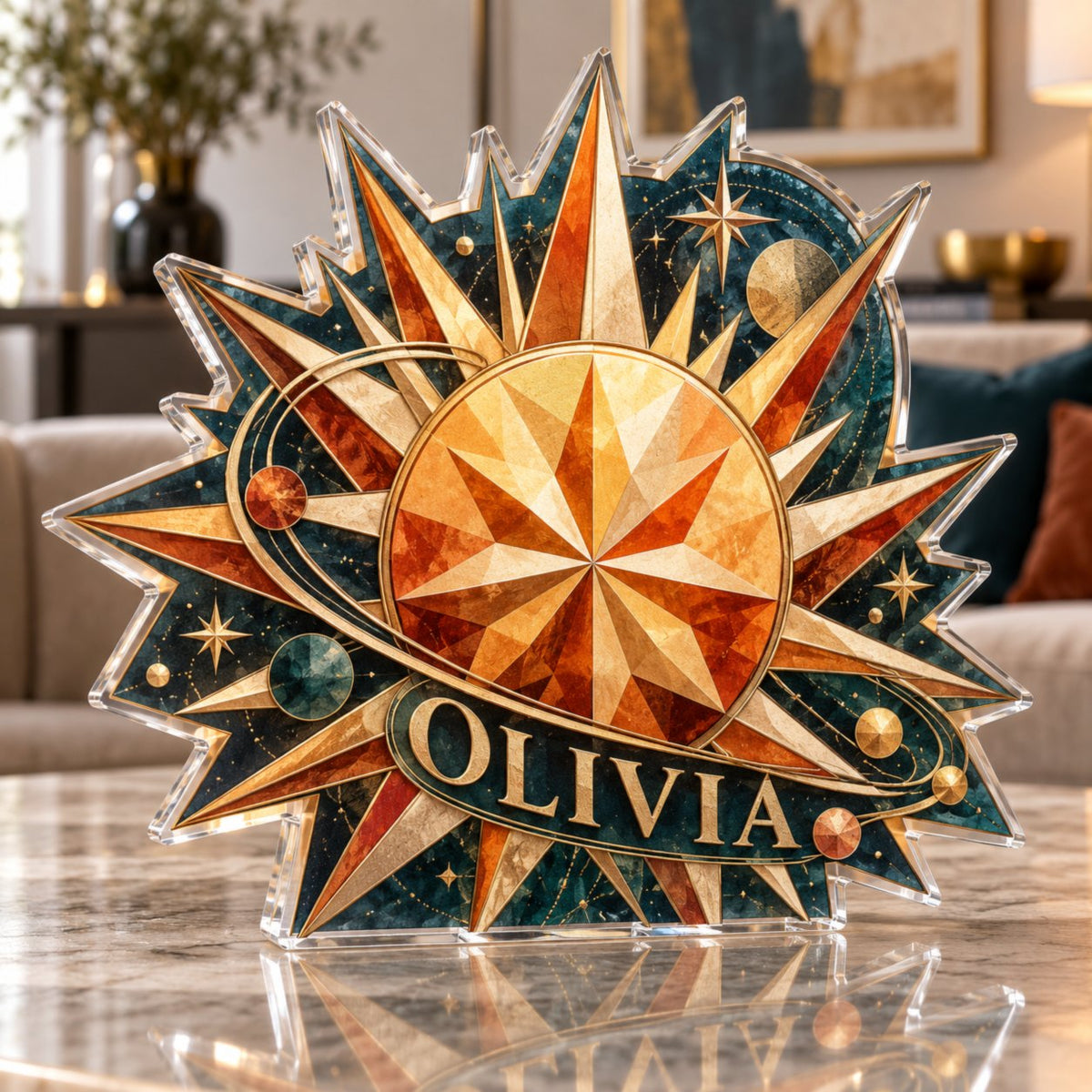 Personalized Geometric Sunburst Living Room Focal Point custom shape acrylic plaque with an example name set into the artwork, digital preview