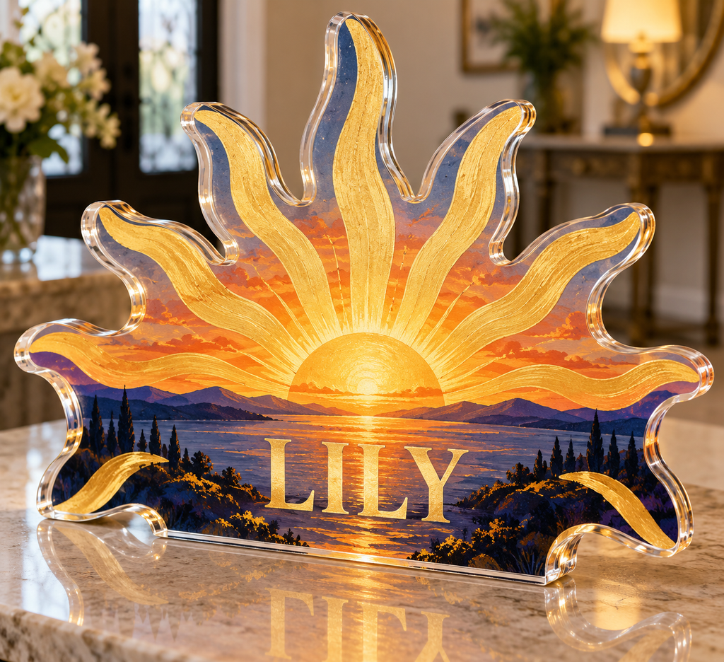 Artwork visualization: Geometric sunburst — personalized housewarming, personalized LILY, subject-shaped acrylic with printed optical 3D depth; not carved relief.