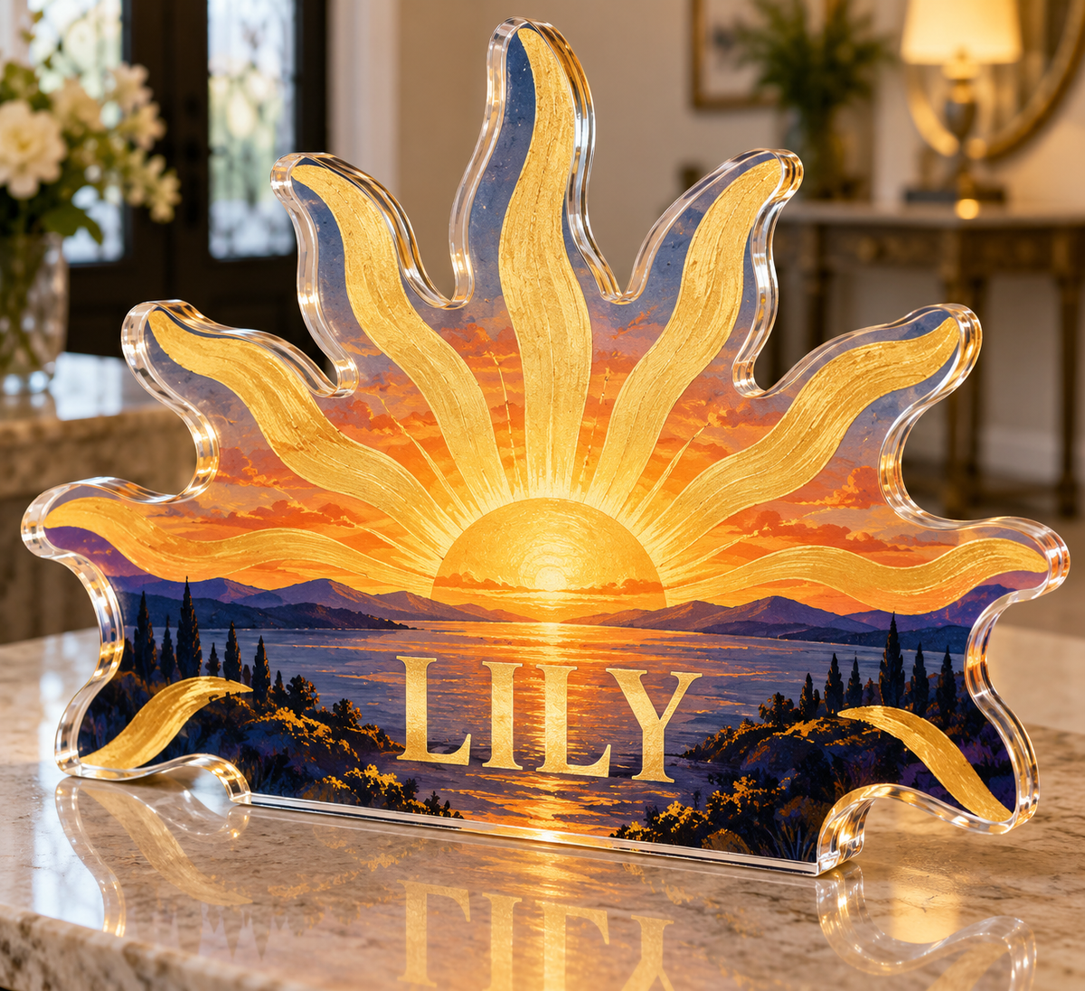 Artwork visualization: Geometric sunburst — personalized housewarming, personalized LILY, subject-shaped acrylic with printed optical 3D depth; not carved relief.