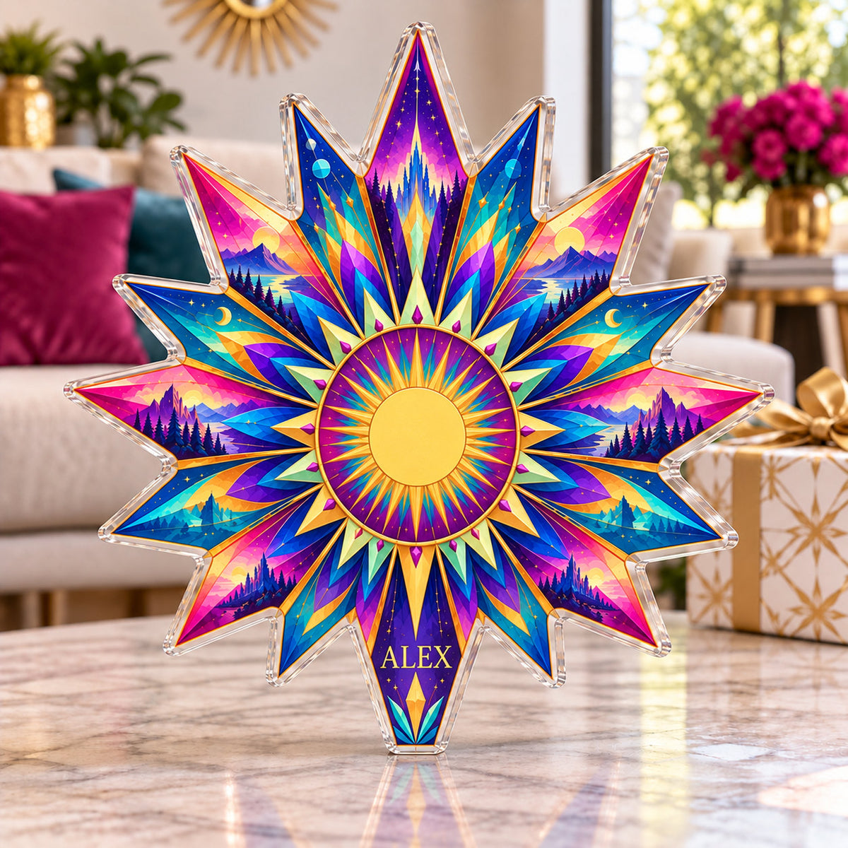 Personalized acrylic plaque with an example name set into the artwork, digital preview