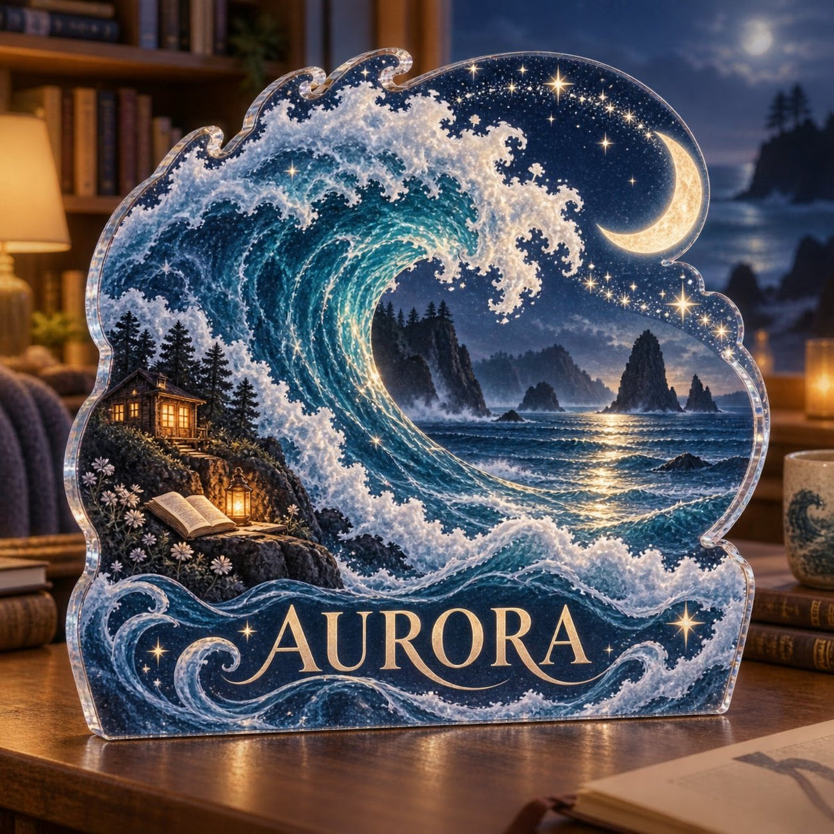 Personalized Celestial Ocean Tide Reading Nook Decor custom shape acrylic plaque with an example name set into the artwork, digital preview