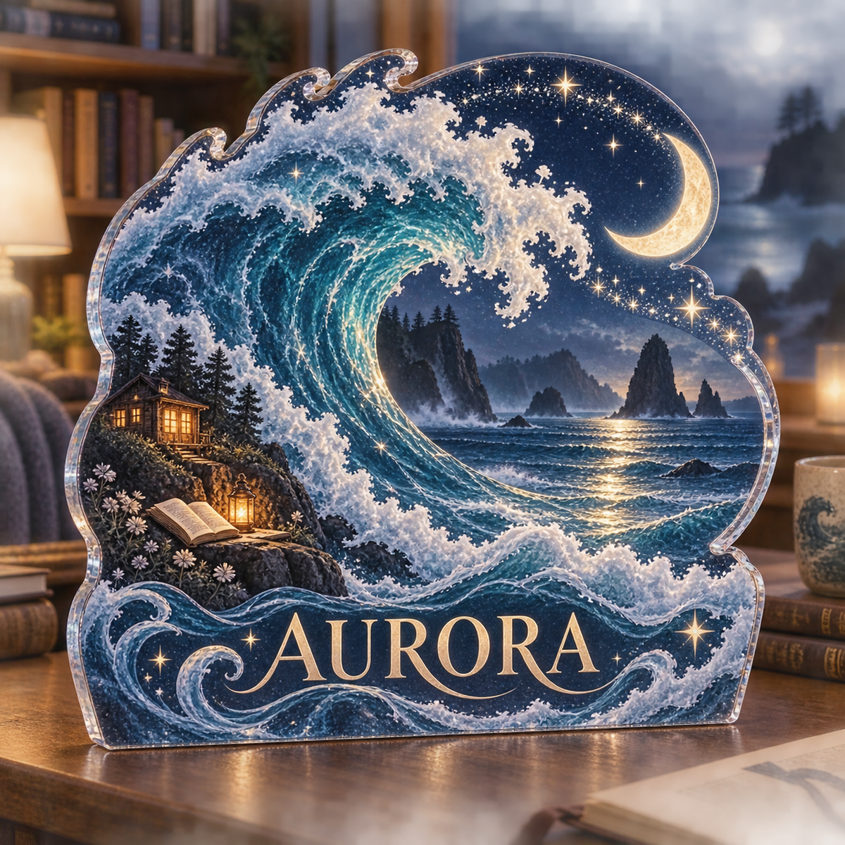 Artwork visualization: Celestial ocean tide — reading nook decor, personalized AURORA, subject-shaped acrylic with printed optical 3D depth; not carved relief.
