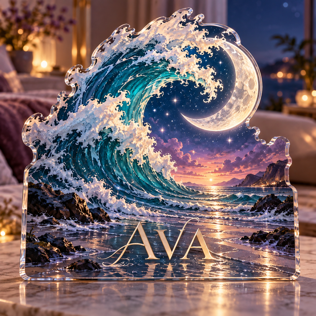 Artwork visualization: Celestial ocean tide — bedroom statement decor, personalized AVA, subject-shaped acrylic with printed optical 3D depth; not carved relief.