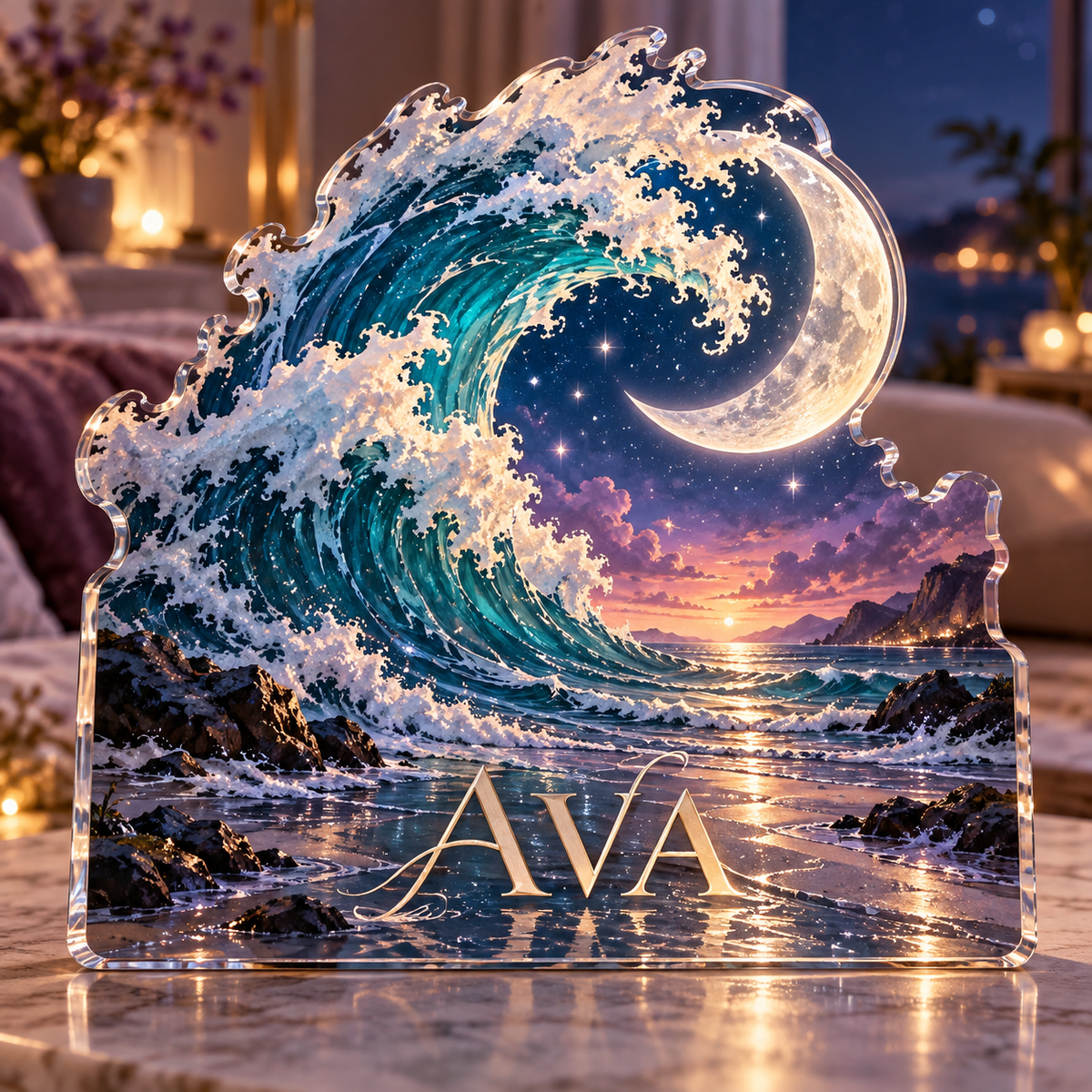 Artwork visualization: Celestial ocean tide — bedroom statement decor, personalized AVA, subject-shaped acrylic with printed optical 3D depth; not carved relief.