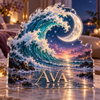 Artwork visualization: Celestial ocean tide — bedroom statement decor, personalized AVA, subject-shaped acrylic with printed optical 3D depth; not carved relief.