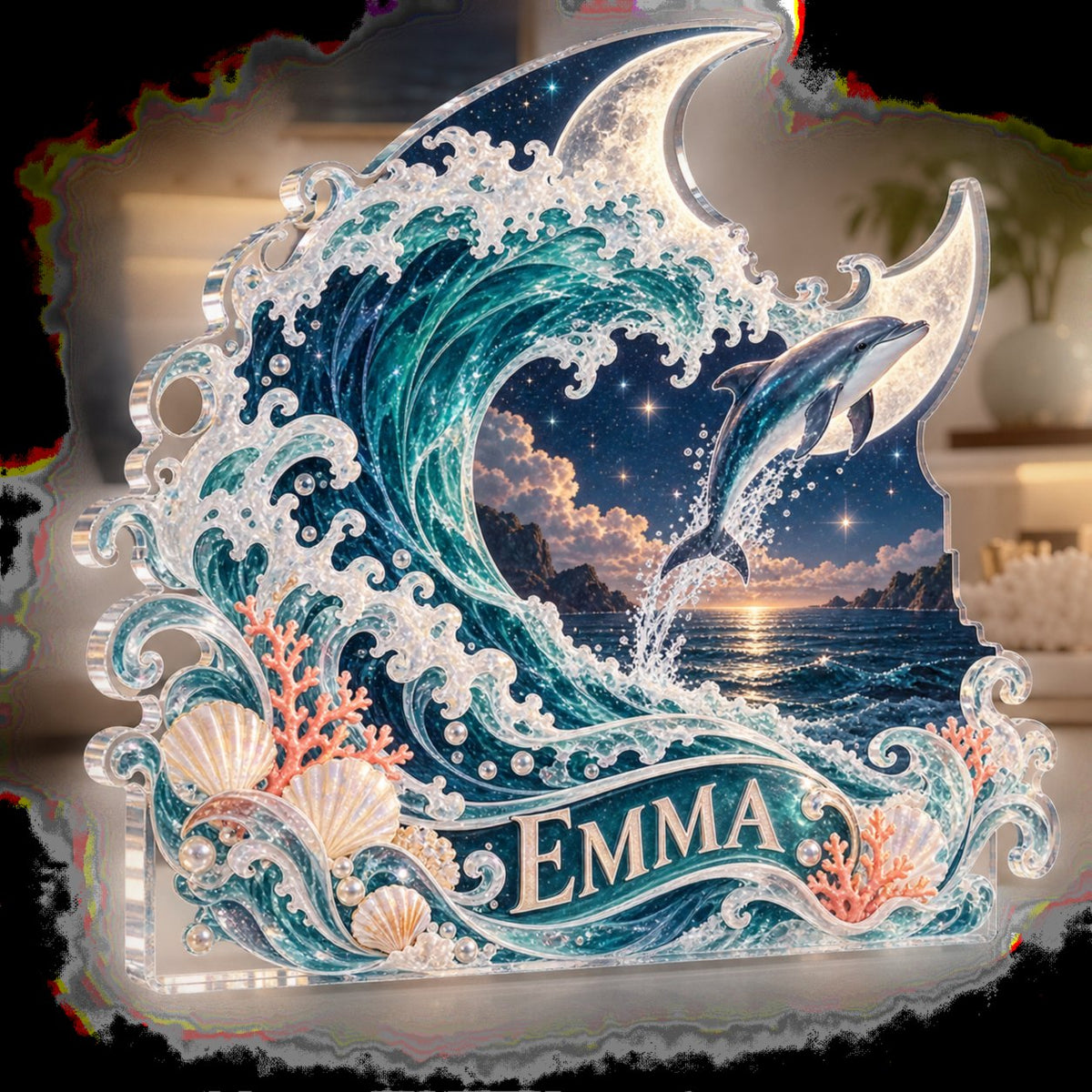 Personalized Celestial Ocean Tide Living Room Focal Point custom shape acrylic plaque with an example name set into the artwork, digital preview