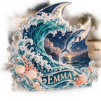 Artwork visualization: Celestial ocean tide — living room focal point, personalized EMMA, subject-shaped acrylic with printed optical 3D depth; not carved relief.