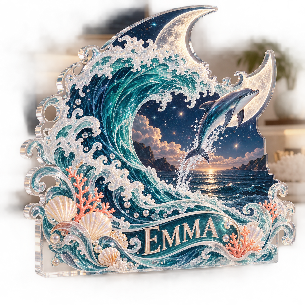 Artwork visualization: Celestial ocean tide — living room focal point, personalized EMMA, subject-shaped acrylic with printed optical 3D depth; not carved relief.