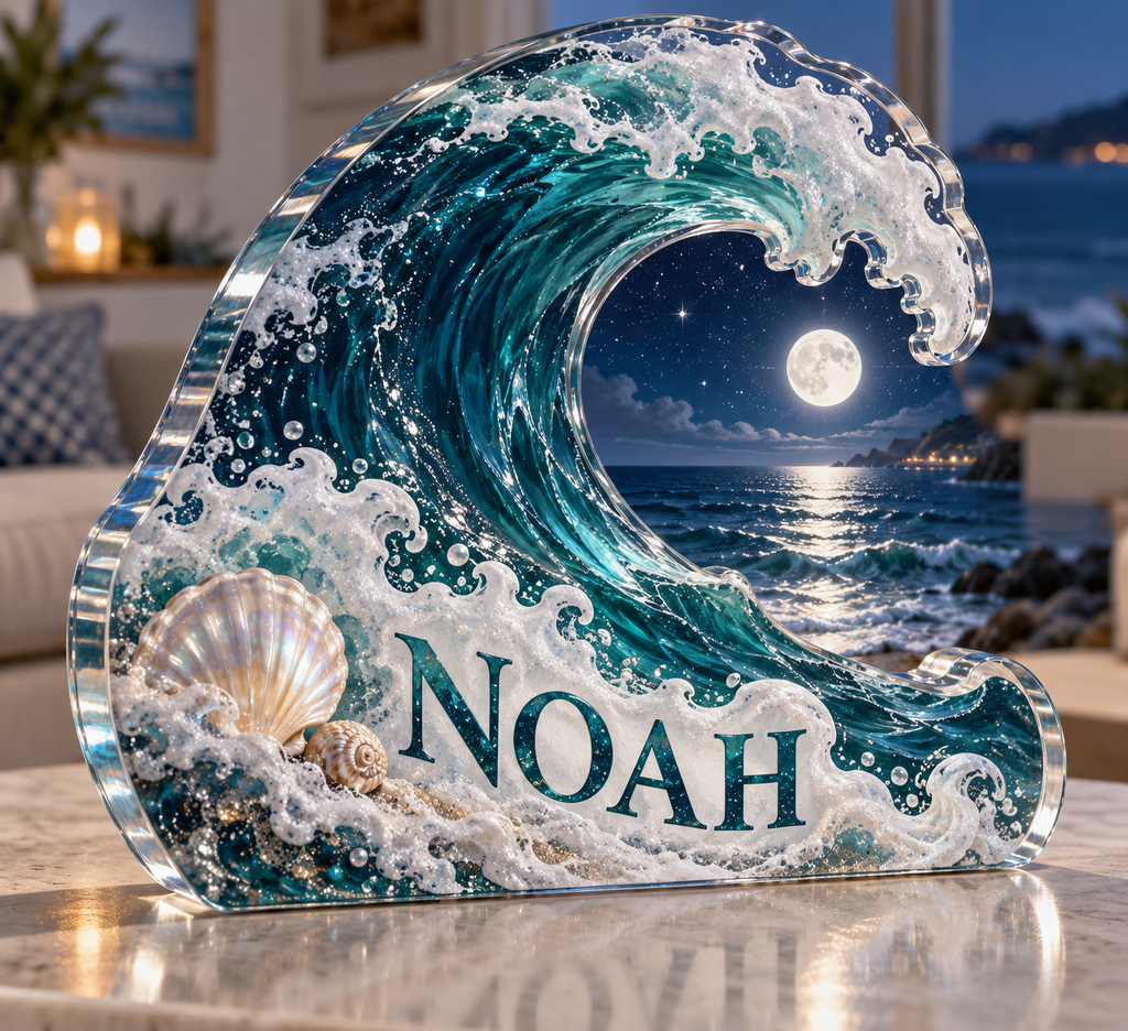 Artwork visualization: Celestial ocean tide — personalized housewarming, personalized NOAH, subject-shaped acrylic with printed optical 3D depth; not carved relief.
