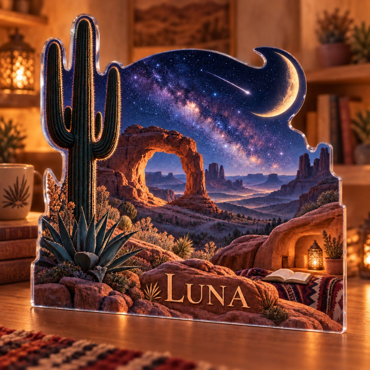 Personalized Desert Night Sky Reading Nook Decor custom shape acrylic plaque with an example name set into the artwork, digital preview