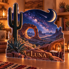 Artwork visualization: Desert night sky — reading nook decor, personalized LUNA, subject-shaped acrylic with printed optical 3D depth; not carved relief.