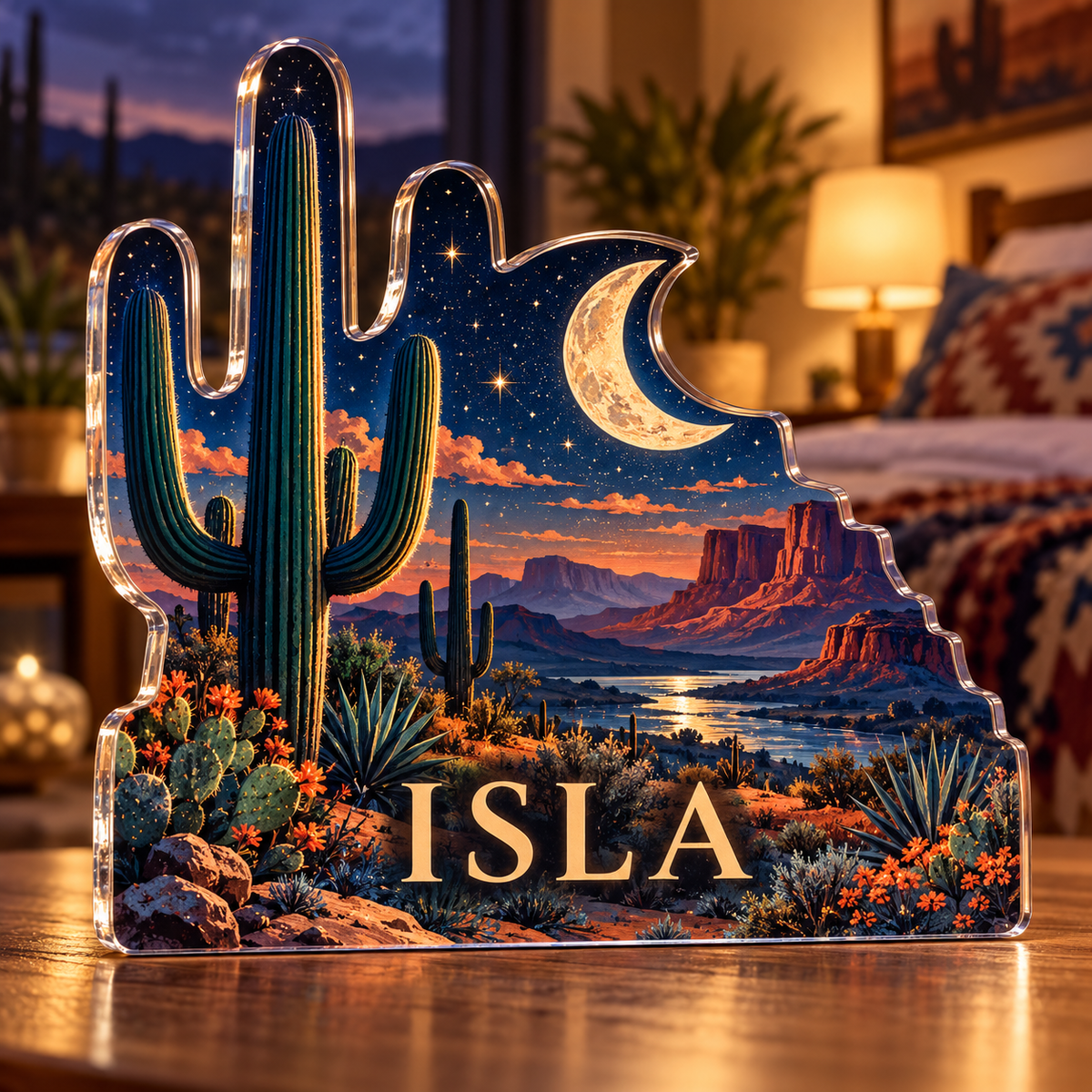 Artwork visualization: Desert night sky — bedroom statement decor, personalized ISLA, subject-shaped acrylic with printed optical 3D depth; not carved relief.