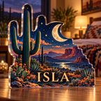 Artwork visualization: Desert night sky — bedroom statement decor, personalized ISLA, subject-shaped acrylic with printed optical 3D depth; not carved relief.