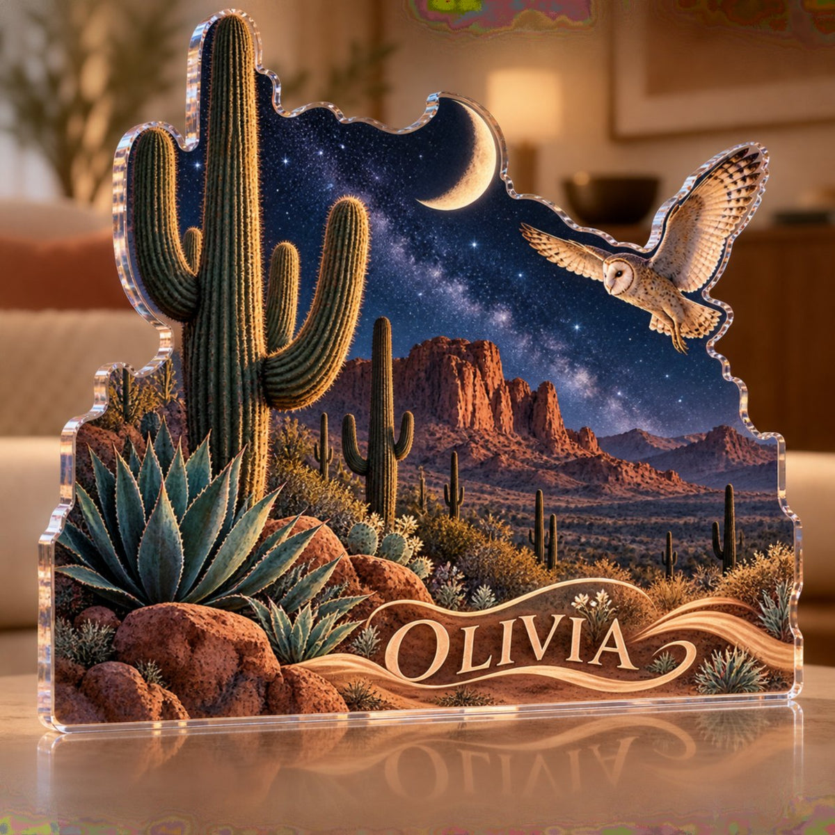 Personalized Desert Night Sky Living Room Focal Point custom shape acrylic plaque with an example name set into the artwork, digital preview