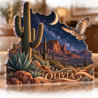 Artwork visualization: Desert night sky — living room focal point, personalized OLIVIA, subject-shaped acrylic with printed optical 3D depth; not carved relief.