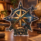 Artwork visualization: Star compass — reading nook decor, personalized EMMA, subject-shaped acrylic with printed optical 3D depth; not carved relief.
