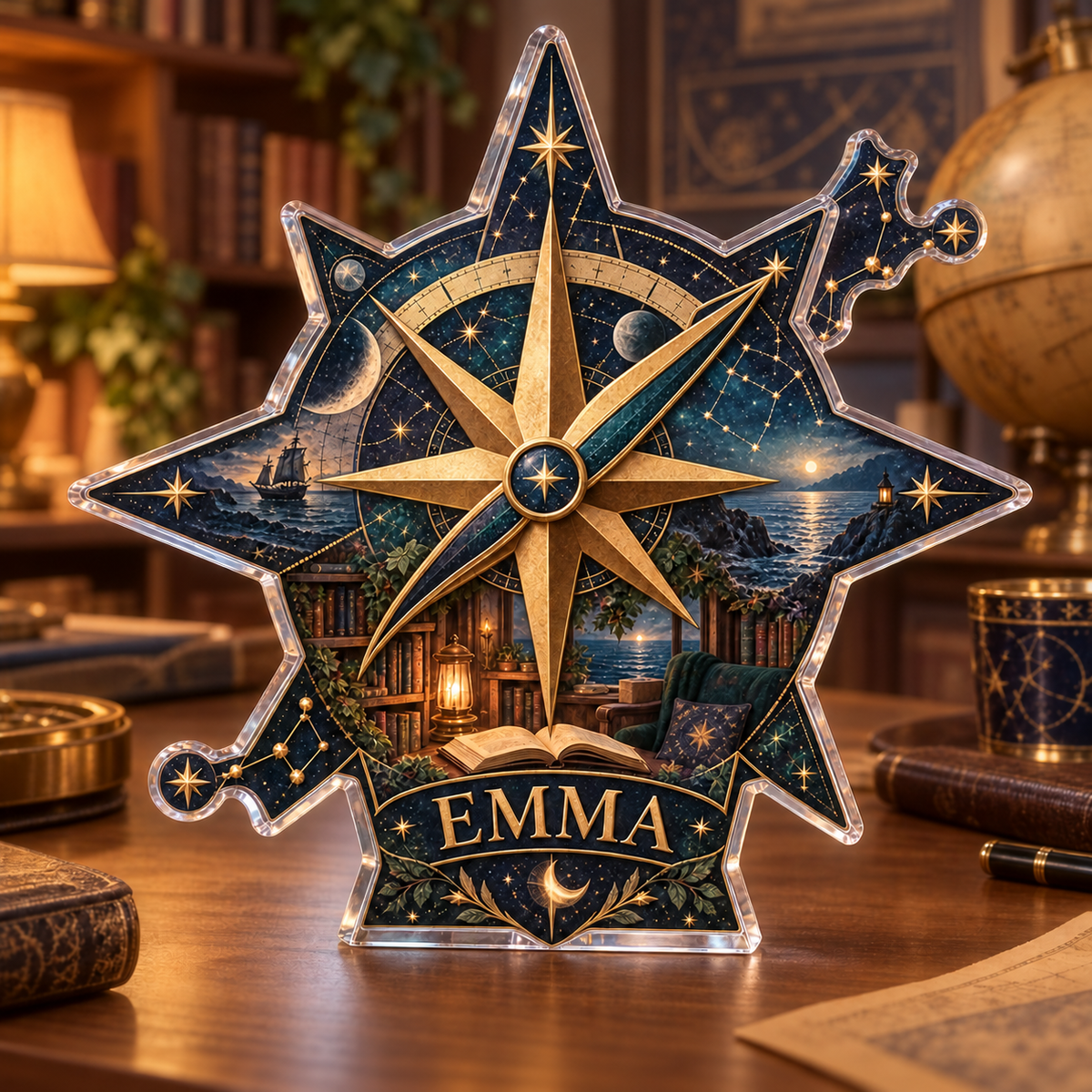 Artwork visualization: Star compass — reading nook decor, personalized EMMA, subject-shaped acrylic with printed optical 3D depth; not carved relief.