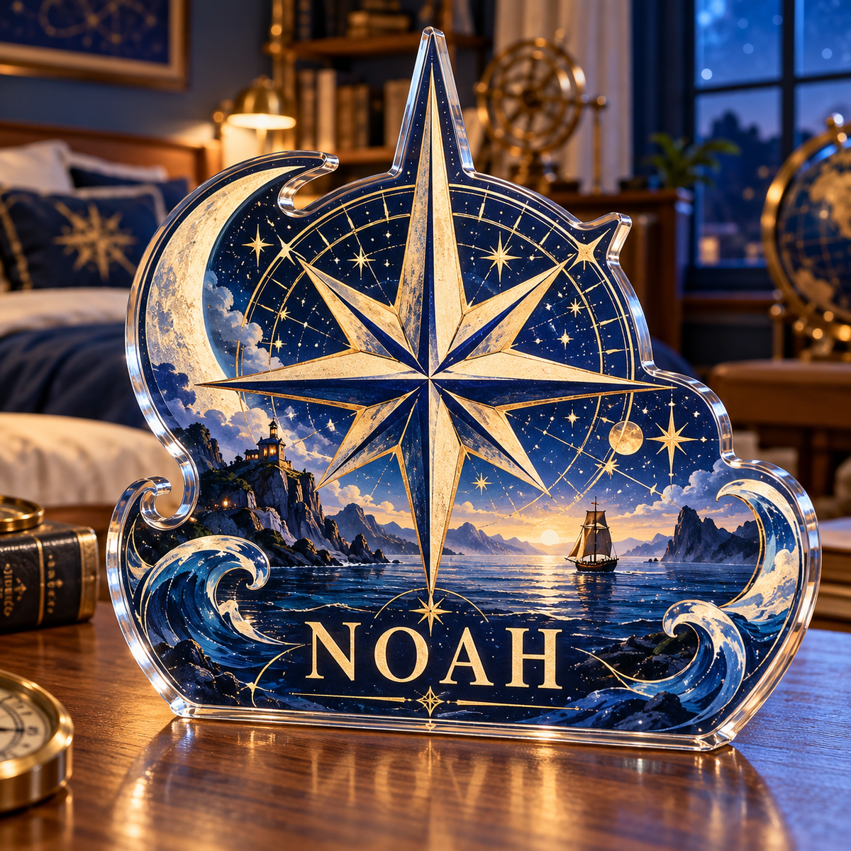 Artwork visualization: Star compass — bedroom statement decor, personalized NOAH, subject-shaped acrylic with printed optical 3D depth; not carved relief.