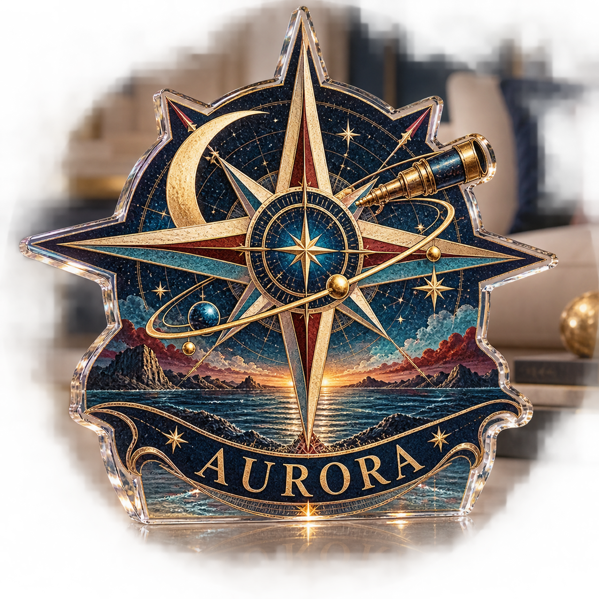 Artwork visualization: Star compass — living room focal point, personalized AURORA, subject-shaped acrylic with printed optical 3D depth; not carved relief.