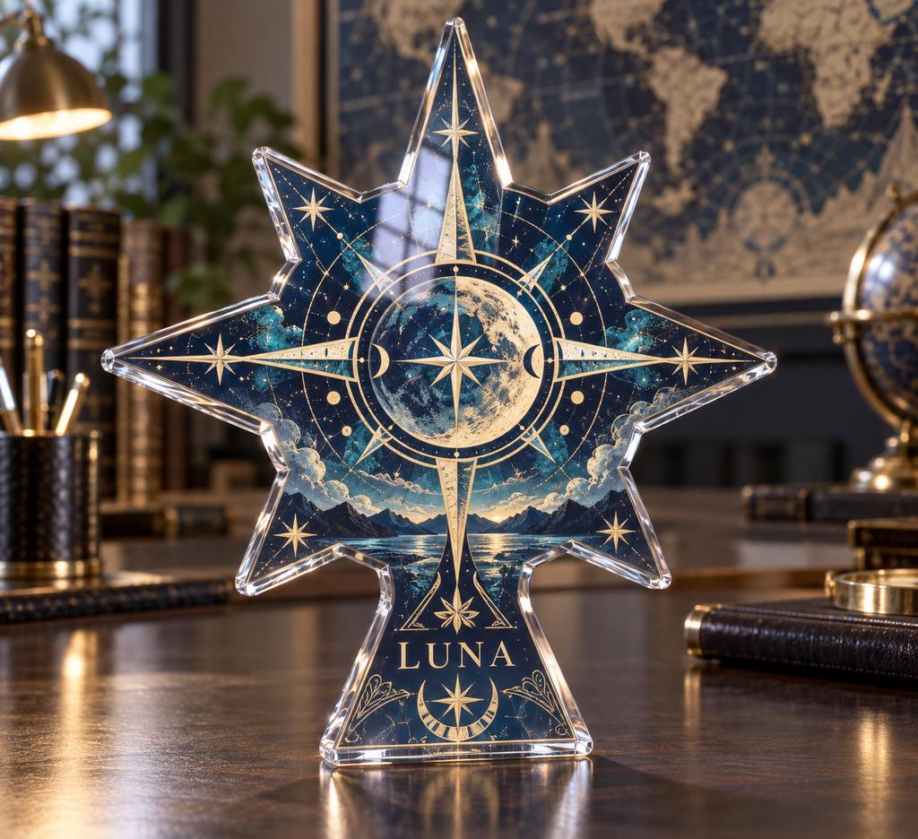Artwork visualization: Star compass — home office backdrop, personalized LUNA, subject-shaped acrylic with printed optical 3D depth; not carved relief.
